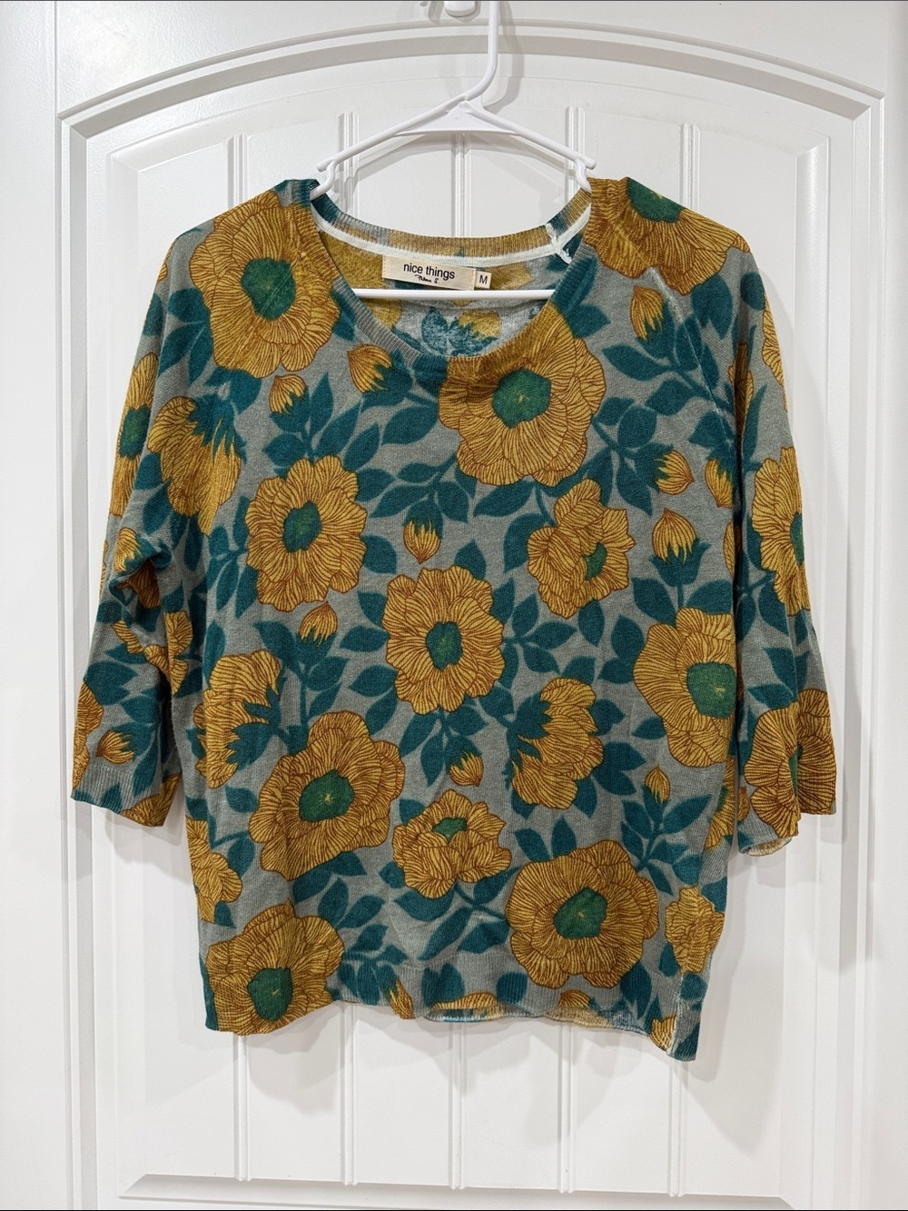 Nice Things by Paloma S. Floral Knit Pullover Sweater in Mustard & Teal